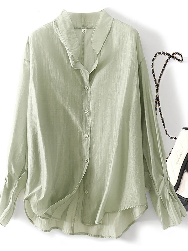 

Легкая шелковая женская рубашка с воротником-стойкой, защитой от УФ-излучения, дышащая, солнцезащитная, для весны и осени, повседневная, офисная, стильная