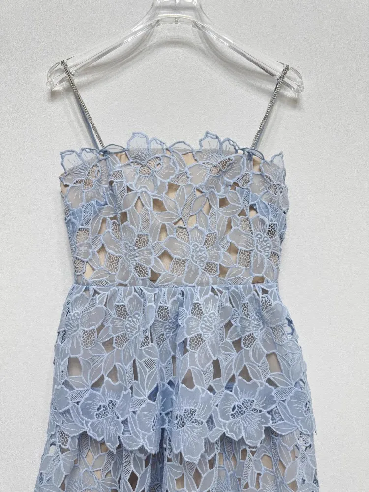 Robe mi-longue en dentelle brodée au crochet pour femme, design de luxe, bleu sexy, robe de club de fête, anniversaire, qualité supérieure, nouveau, 2024