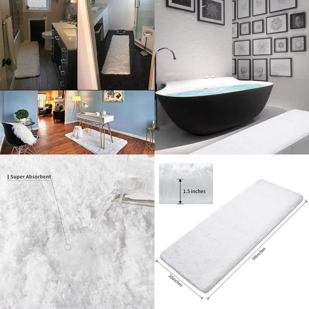 

White Long Absorbent Bath Rug Runner - Non-Slip Decorative Washable Mat for Bathroom, 59x20 inches