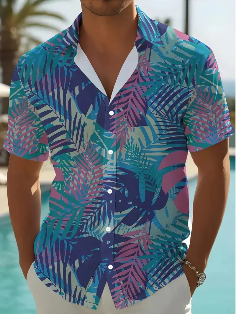 Men\'s large size Hawaiian lapel shirt with fashionable leaf pattern print, suitable for summer leisure beach, pool and resort