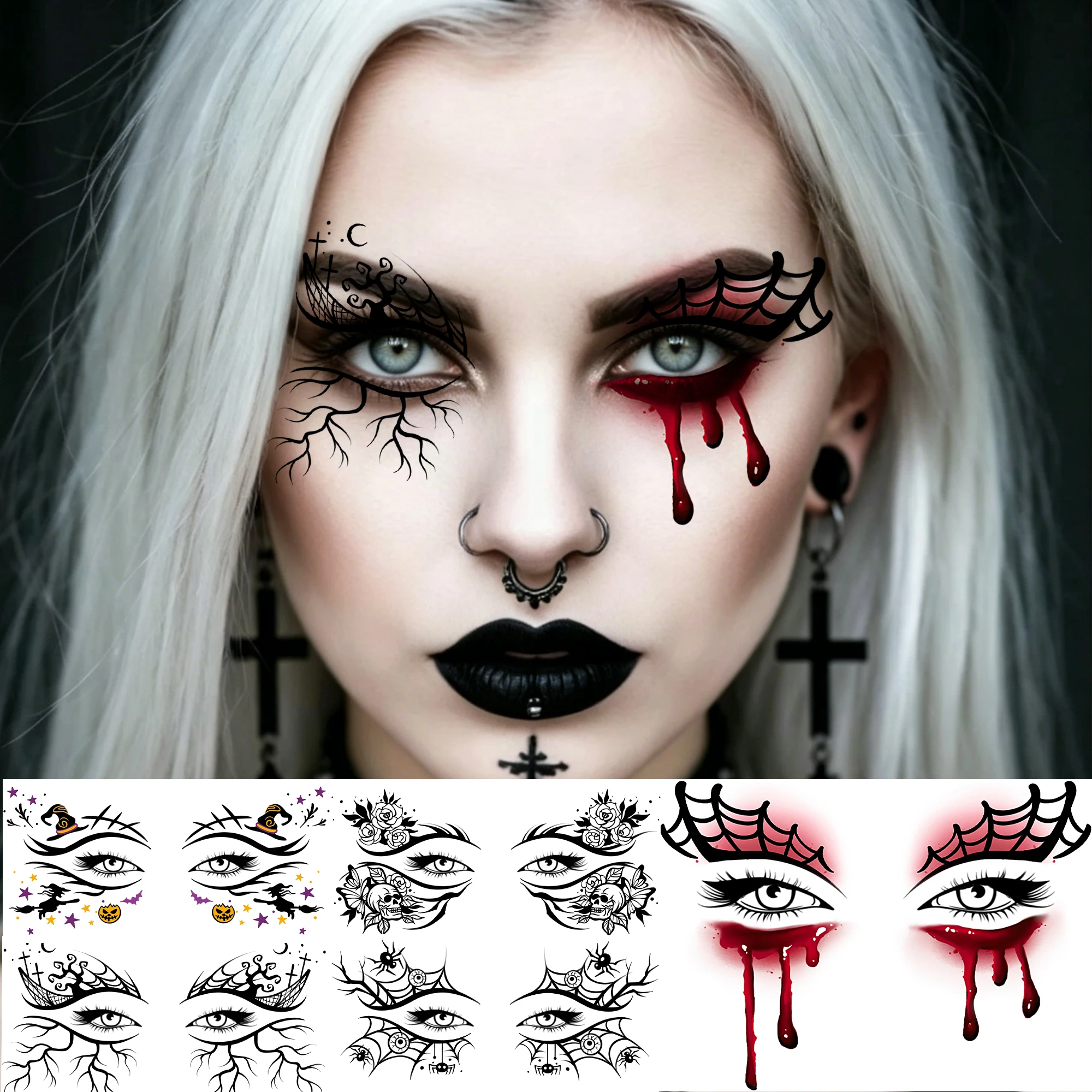 5 Sheets Halloween Spider Witch Blood Vessels Bleeding Eye Temporary Tattoos Stickers, Realistic Durable Waterproof Fake Tattoos