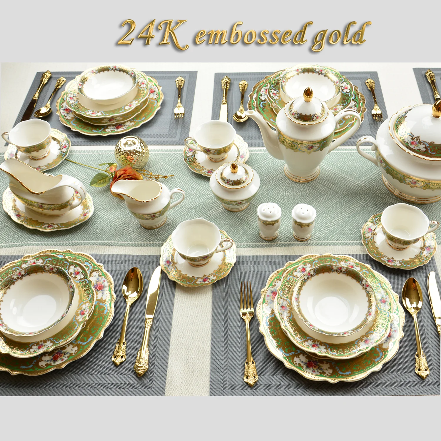 98 pcs embossed gold tableware bone china luxury dinner sets royal dinnerware sets