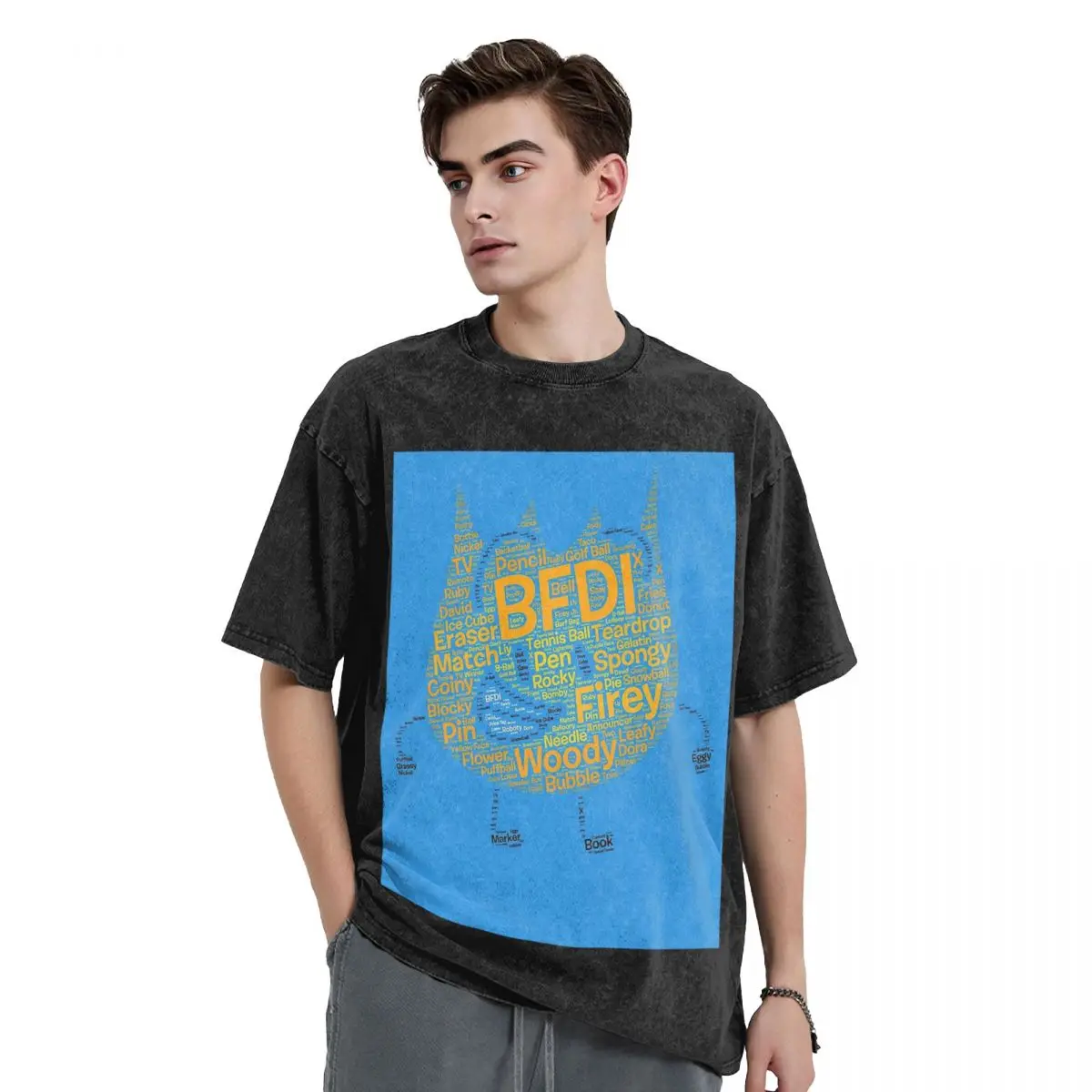 BFDI Word Cloud Firey Shaped Washed T Shirts Casual Short Sleeve Hip Hop T-Shirt Streetwear Tops Tees for Men Women