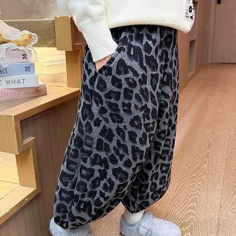 

Утепленные брюки для девочек, зима-осень, леопардовый принт, эластичная талия, универсальная детская теплая кавайная модная новая стильная повседневная одежда