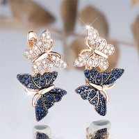 Charm Female White Blue Crystal Zircon Stone Butterfly Hoop Earrings Gold Color Simple Wedding Jewelry For Women