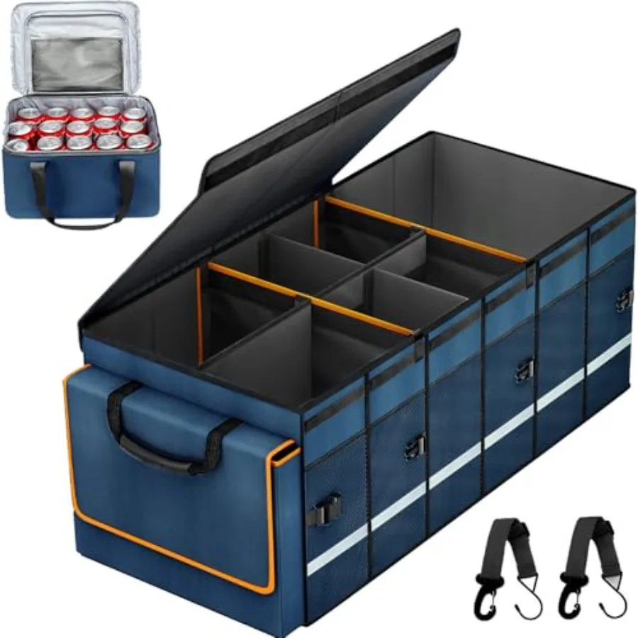 

Car Trunk Organizer with Removable Leakproof Cooler Bag 6 Adjustable Dividers for Custom Space Collapsible Storage with Non-Sli