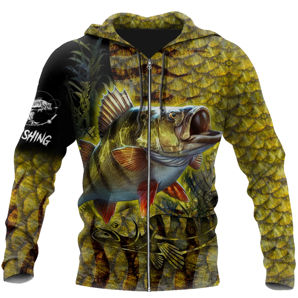 Brand Hoodie Yellow Perch Fishing on skin 3D Printed Mens Zip Up Hoodie Harajuku Streetwear Unisex Casual Tracksuits