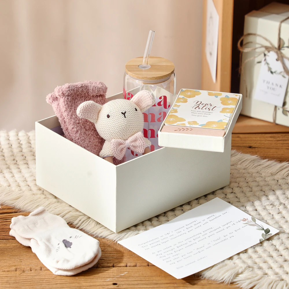 

New Mom and Baby Girl Gift Basket Set Rabbit Rattle Glass Straw Cup Socks 12 Cards Postpartum Essentials Exquisite Gifts Box