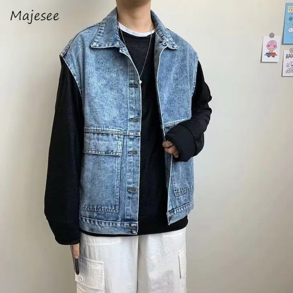 

Vest Denim Men All-match Loose Outfit BF Fashion Students Streetwear Vintage Simple Korean Style Washed Handsome Casual Do Old