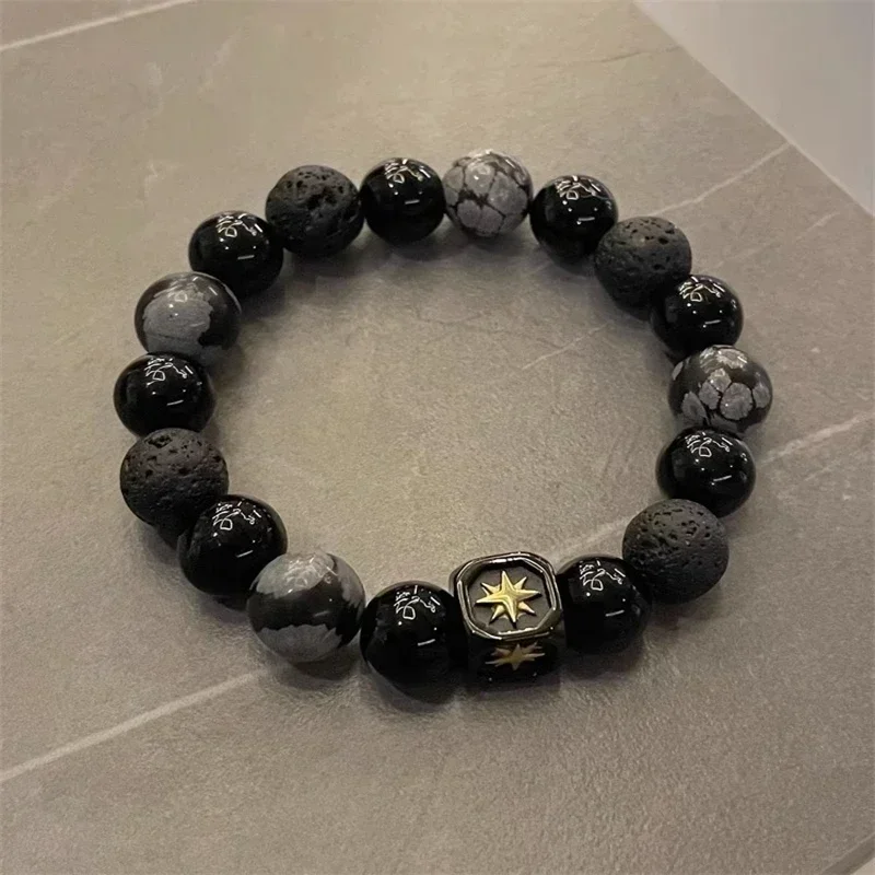 Natural Black Volcanic Lava Stone Star Bracelet Black Matte Beads Bracelets for Women Men Classic Jewelry Pulseras