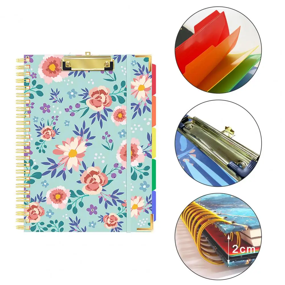Travel-friendly Clipboard Folder Waterproof Clipboard Folder Colorful Label Index Spiral Document File Folder with Clipboard