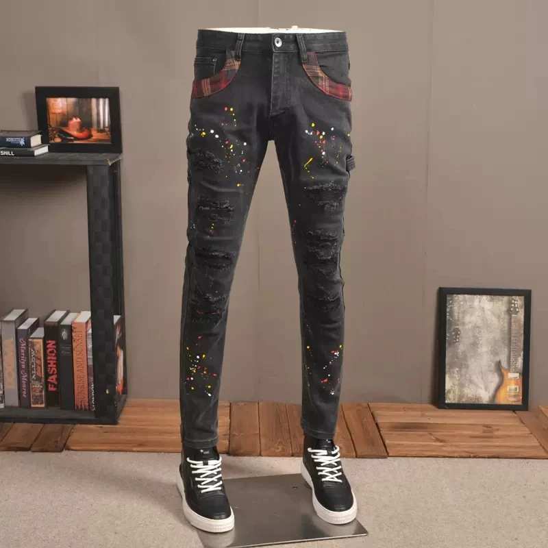 Pantalones vaqueros rasgados con agujeros para Hombre, Jeans Retro elásticos, color negro y gris, diseño pintado, Hip Hop