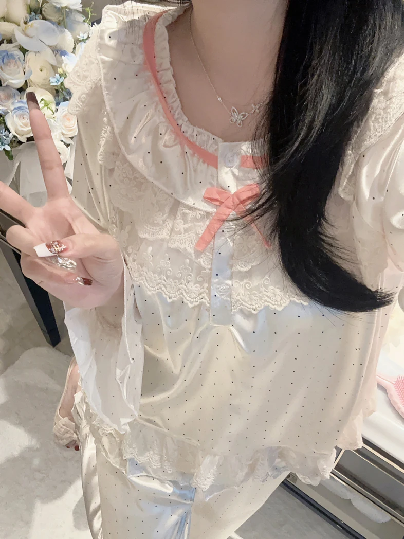 Spring Autumn New Sweet Japanese Polka Dot Printing Cute Girl Ice Silk Pajamas Skin-friendly Cool Casual Lace Outdoor Loungewear