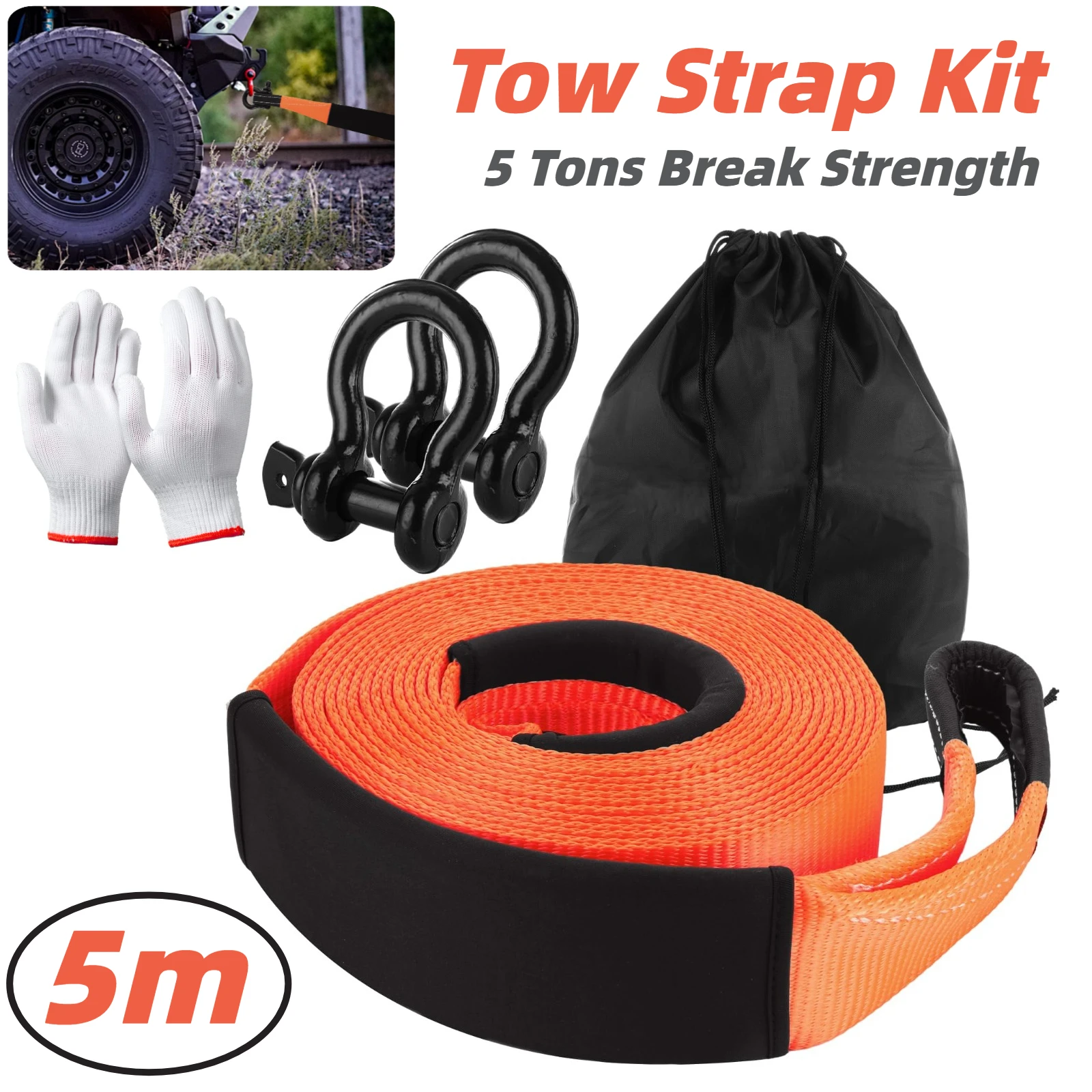 

Tow Strap Recovery Kit 5cm Width 5m Towing Strap 5 Ton Break Strength Tree Saver Strap for Truck Jeep SUV ATV
