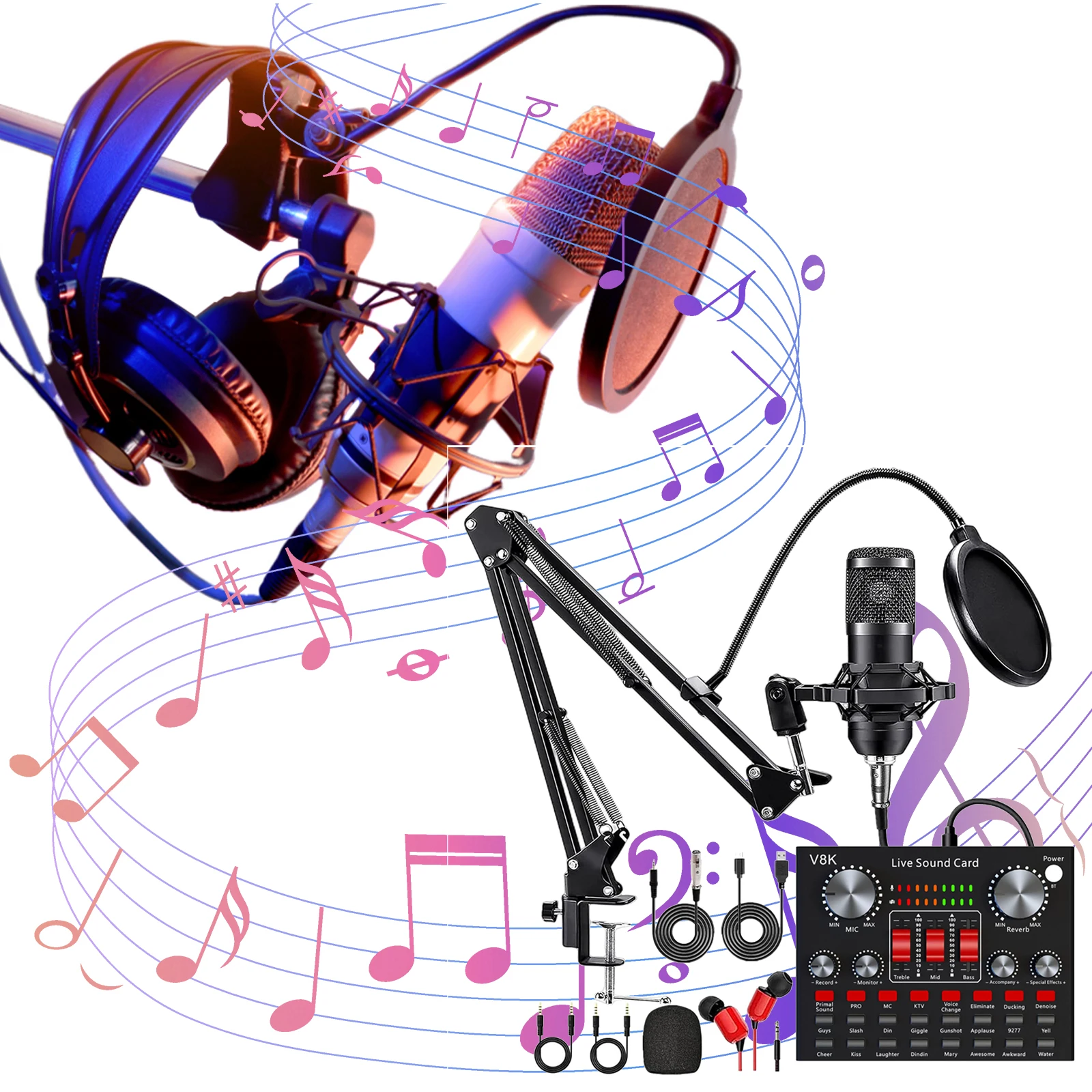 Equipo de Grabación Todo en Uno con Micrófono BM800, Kit de Micrófono con Cambiador de Voz para Vlog/Transmisión en Vivo/Canto/YouTube/Juegos