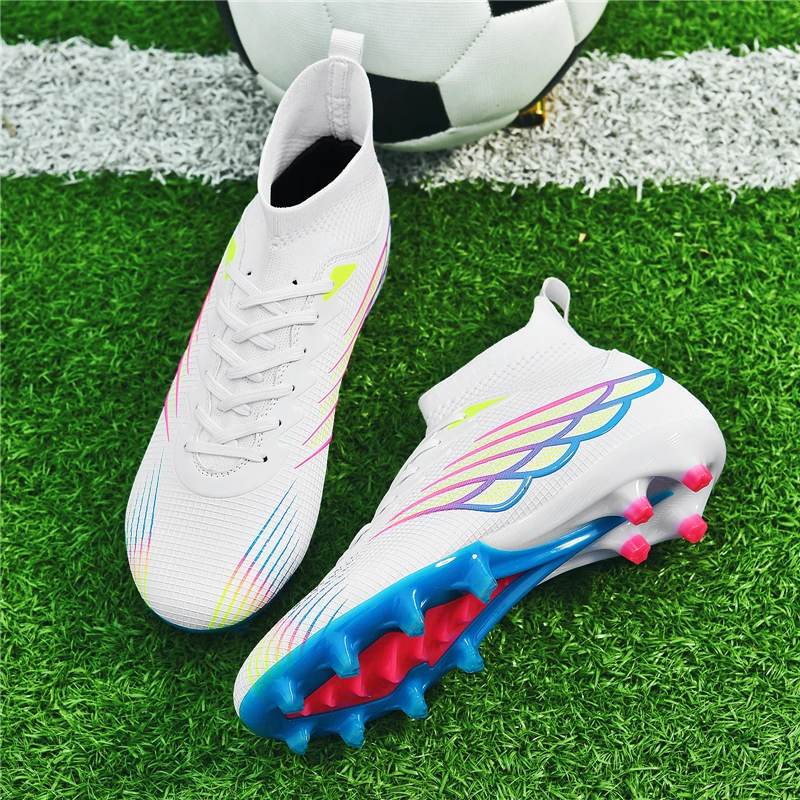 A pair of youth breathable high ankle FG cleats, shock cushioned sole, wear-resistant studs for outdoor lawn practice WJ-1218