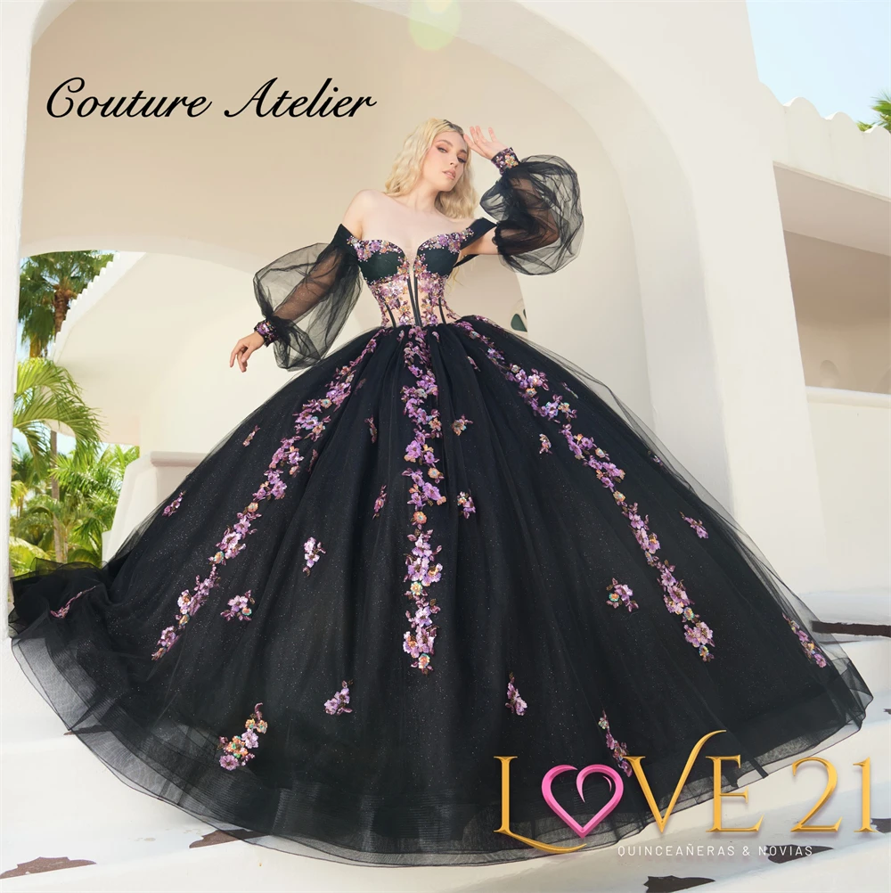 Designer Pink Lace Applique Black Lantern Sleeve Quinceanera Dresses Ball Gown 2025 Princess Sweet 16 Dress Wedding Customized