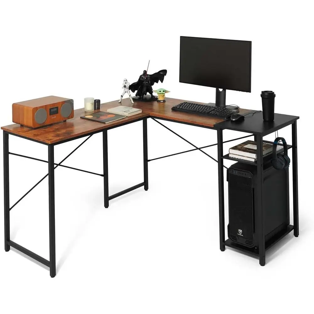 

51 Inch L-Shaped Desk with 2-Tier Shelves & 220lbs acity - Home Oice/Gaming/Study Workstation, Easy Assembly, P2 Board, pe Hook,