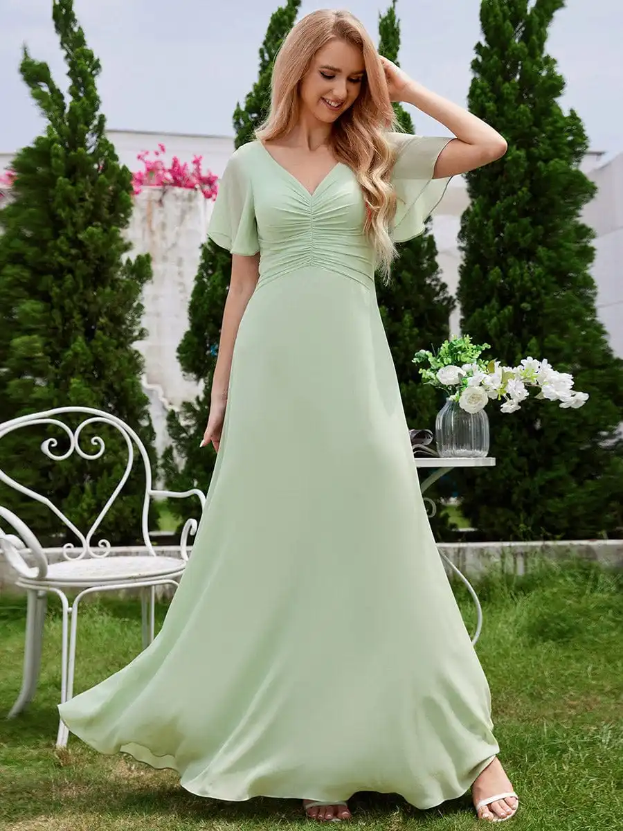 Elegant Evening Dresses Ruffled Sleeves and V-Neck Pleated 2024 Ever Pretty of A-Line Chiffon Mint Green Bridesmaid Dress