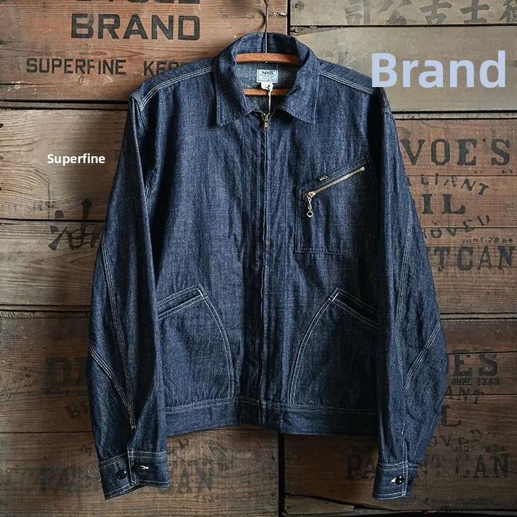 

American Retro Work Jaet Zipper Collar Bamboo Denim Workwear Youth Faion Stand Fit Long Sve Outerwear Coat