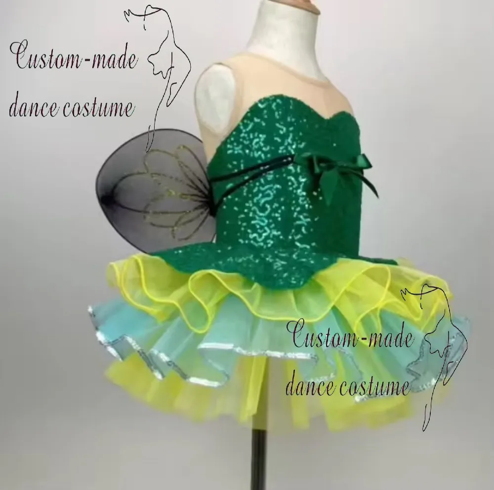 Children's and toddler dance performance costume puff dress featuring animals and fireflies, with insect and grass designs.