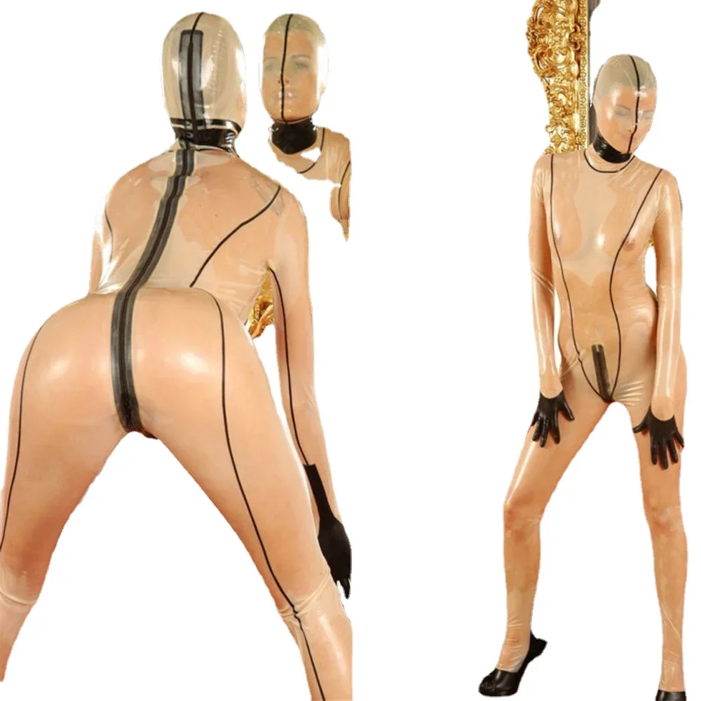 Latex tight fitting jumpsuit rubber transparent cosplay sexy club overall Zentai suit 0.4mm