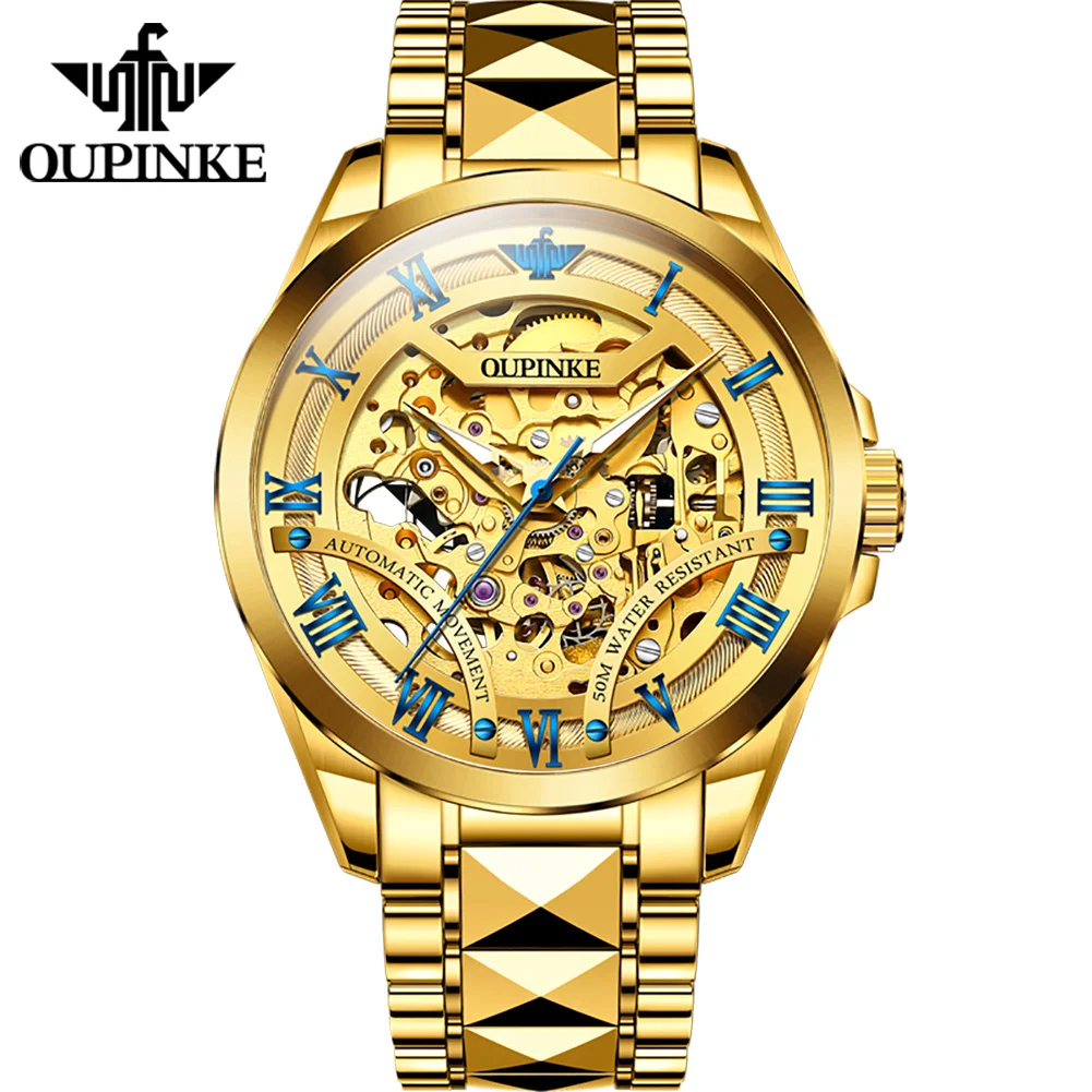 OUPINKE 3210 High-end Automatic Mechanical Wrist Watches for Men Fully Hollow Retro Roman Numeral Scale Original Brand Man Watch