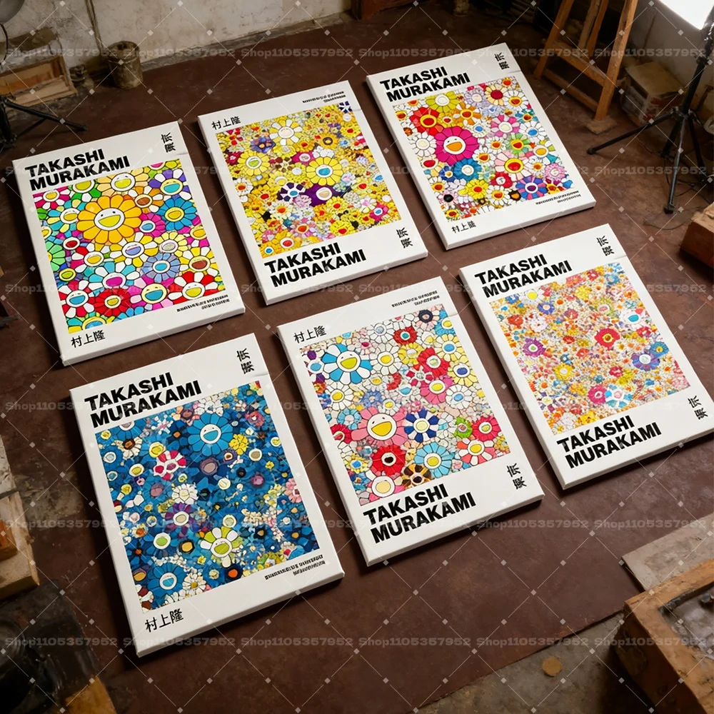 Japan T-Takashi M-Murakami Colorful Smiling Flower Aesthetic Canvas Wall Art HD Japanese Pop Poster Print Living Room Home Decor