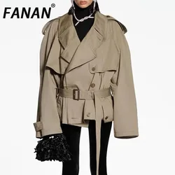 FANAN Fashion Women Cotton Trench Coat Lapel Raglan Sleeve Double Breasted Solid Color Short Windbreaker Autumn 2025 New