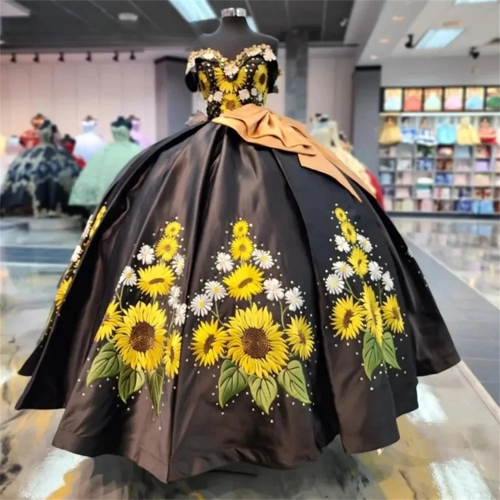 Vestidos de Quinceañera de princesa negra, vestido de baile sin hombros, satén bordado, dulce 16 vestidos, 15 Años, mexicano