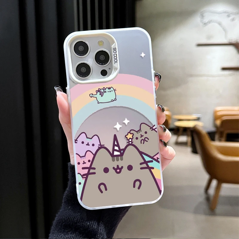 Coque rigide avec placage chat Pusheen pour iPhone, coque mignonne, dessin animé, 256, 16 Pro Max, 16 Pro Max, 15, 14, 13, 12, 11 Pro Max, XS, X Poly, 8, 7 Plus, SE, 2020