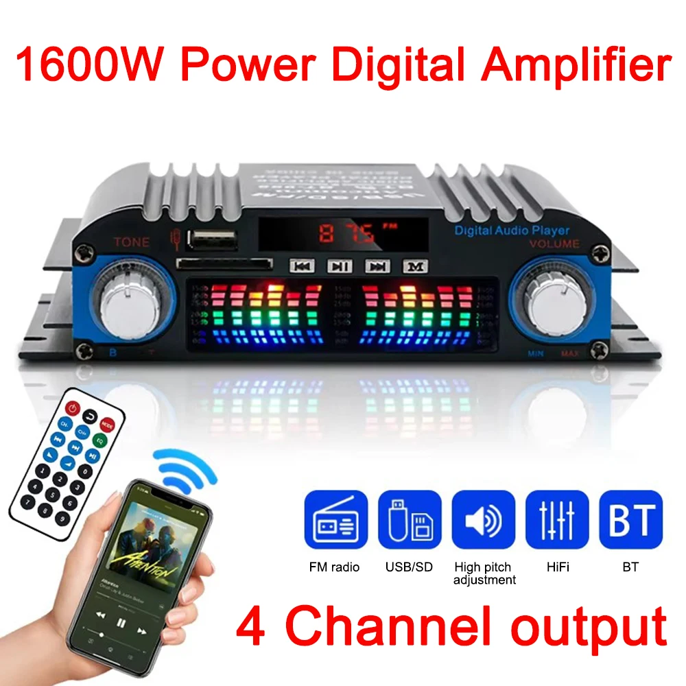 1600W Peak Power HiFi Sound Amplifier Digital 4 Channel Audio Amplifier Bluetooth Karaoke Player FM radio audio stereo home car 