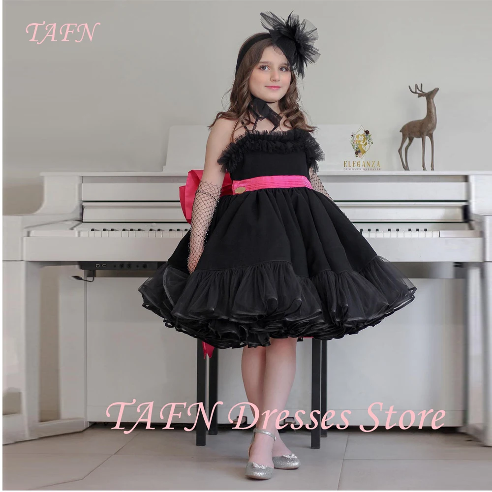 TAFN Black Knee Length Short Wedding Party Dresses Little Girls Birthday Formal Event Dress Prom Gowns With Sash Customized