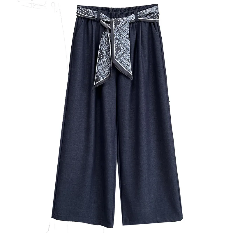 

Fashion Autumn New Style Elegant Silk Waistband Straight Full Length Pants Plus Size Women's Wide Leg Trousers