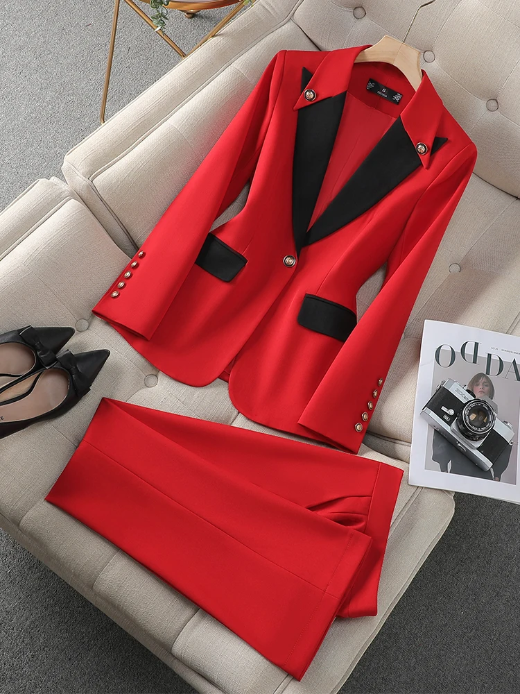 Fashion Red Black Beige Women Pant Suit 2 Piece Set Office Ladies Female Business Work Wear Formal Blazer Jacket And Trouser