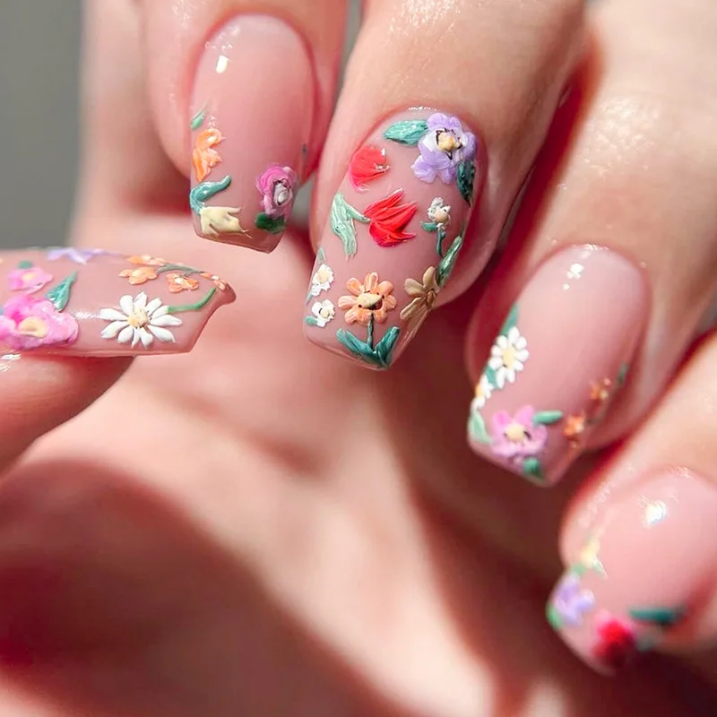 

24pcs Summer false Nails Medium Long Square Press on Nails Flower Nail Tips Paste Nails with Sticky Tabs Self-nail Removable