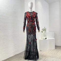 2024 New Sexy Black Red Sequins Flowers Lace Patchwork Maxi Long Dress for Women