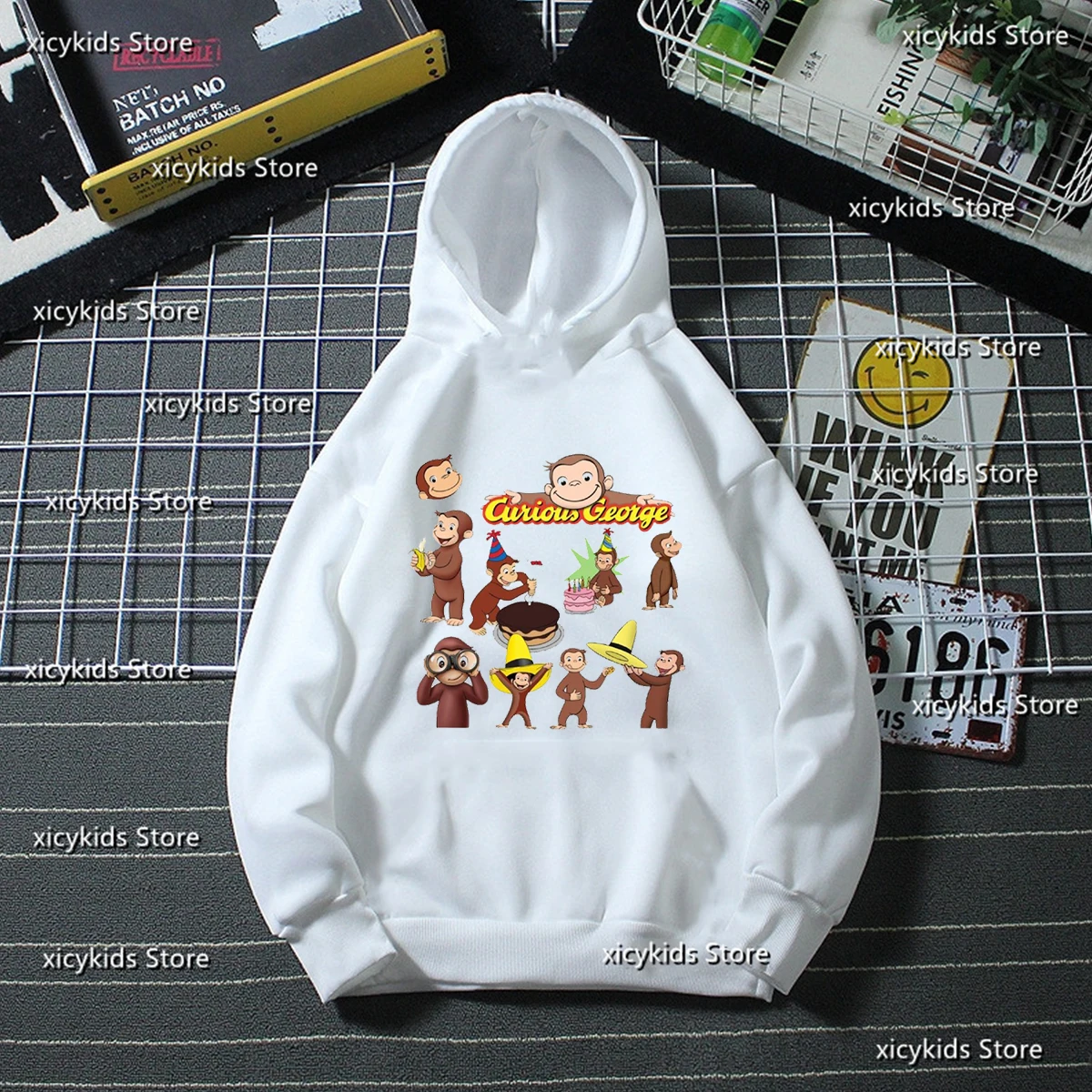 Sudadera con capucha para niñas, suéter de terciopelo con estampado gráfico de mono de dibujos animados de George curiosos, moda para niños, otoño e invierno, nuevo