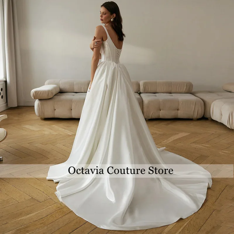 Modern Corset Wedding Dress Satin Bridal Gown Customized Square Neck Sleeveless Sweep Train Draped Woman Bride Dresses