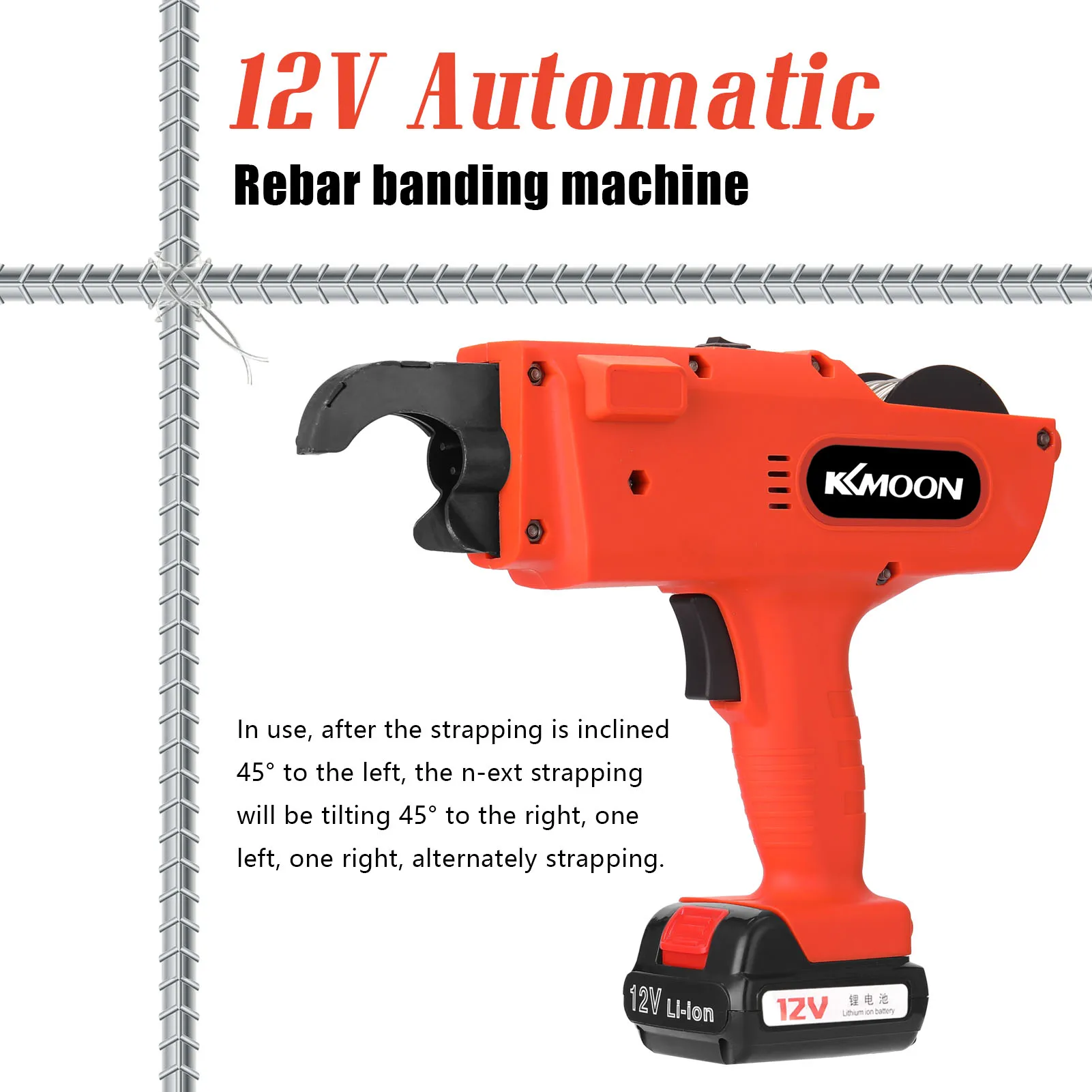 KKmoon 12V Cordless Rebar Binding Machine 8-34MM Rebar Automatic Tier Binding Machine Rechargeable Rebar Tying Strapping Tool