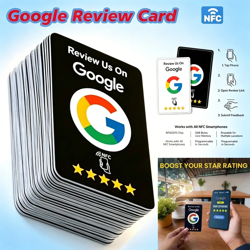[1-200Pcs] Black Premium Wear‑Resistant Matte Finish Reusable Google Review Tap NFC Card Programmable NFC Tap Card User‑Friendly
