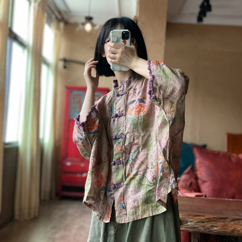

Women New Arrival 2025 Spring Vintage Batwing Sleeve Loose Female Cotton Linen Tops Shirts M518 Chinese Style Ramie Print Shirt