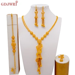 Luxury Dubai Gold Color Jewelry Sets African Indian Bridal For Women Irregular Tassel Long Necklace Bracelet Earrings Ring Set