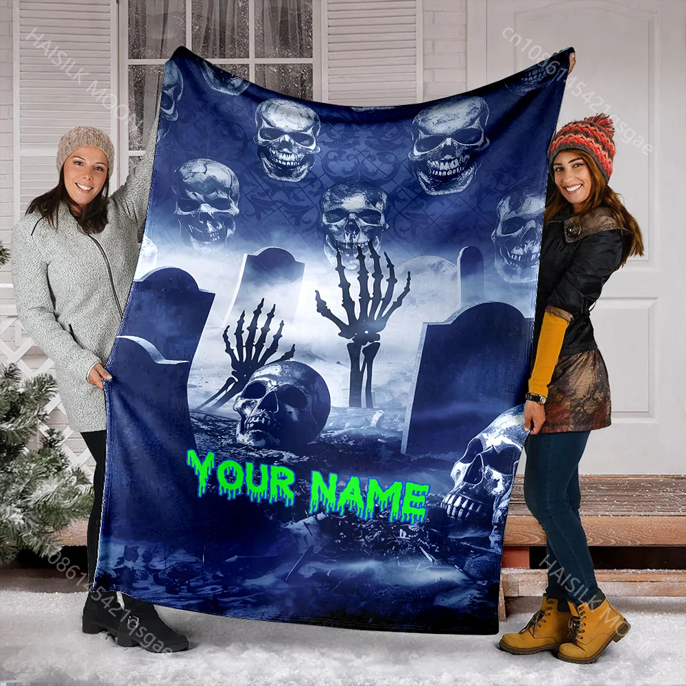 

Одеяло с индивидуальным именем «сделай сам», ужас, могила, череп, узоры, пушистая мягкая фланель для дома, дивана, путешествий, дома, офиса, подарок на Хэллоуин