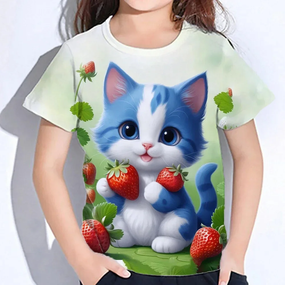 Summer Cat T-shirt Girls Children's Clothing 3d Printed T-shirt Korean Kawaii Children's Super Bright Loose O Neck Short Sleeve