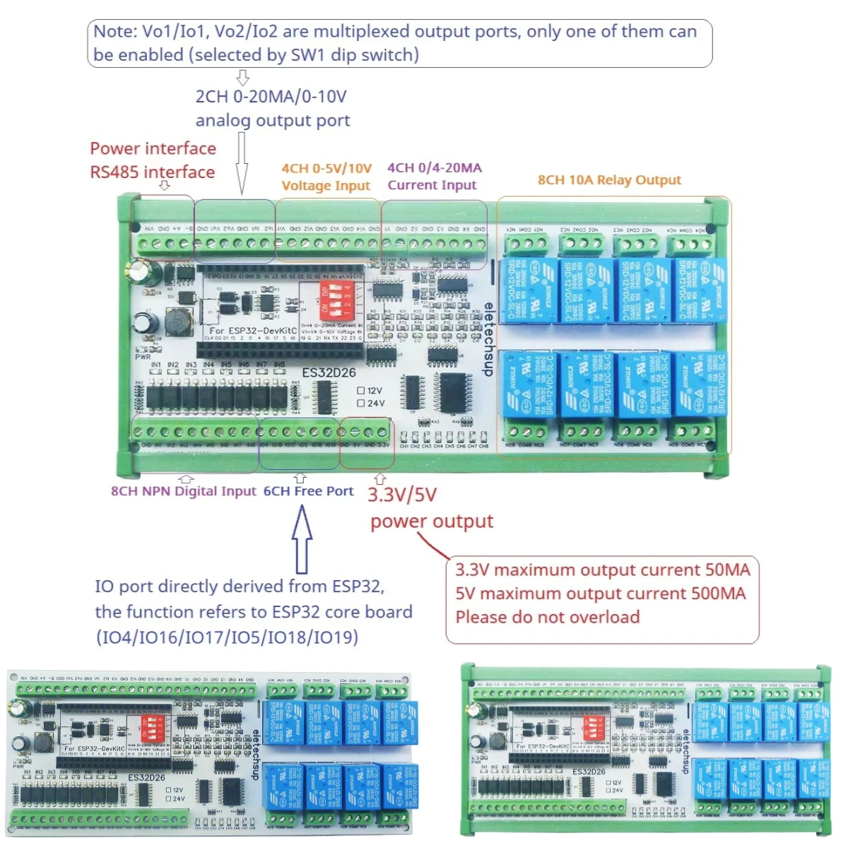 2AO-8AI-8DI-8DO ESP32 Wifi Network Relay Board 4-20MA 0-10V Digital Analog Input Output Module for Smart Switch IOT Simple PLC