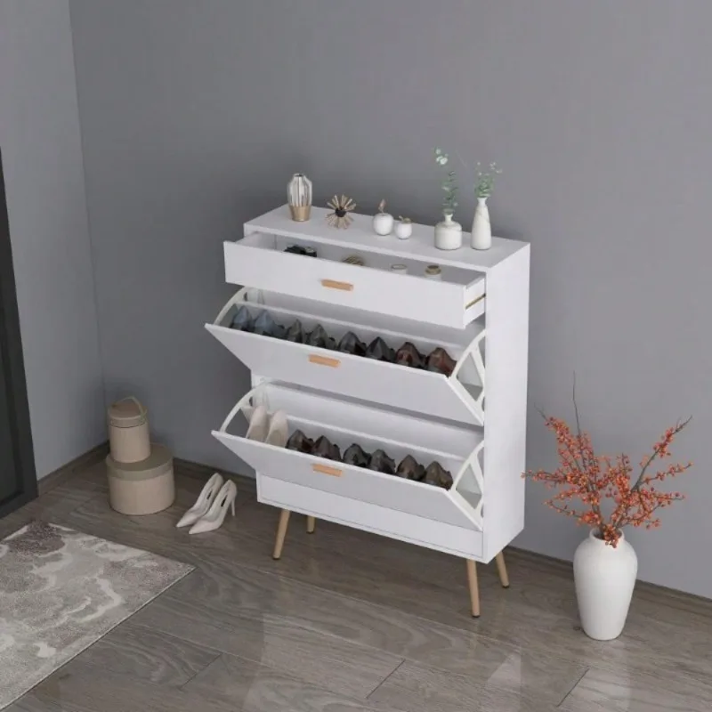 Modern Shoe Cabinet w/ 3 Flip Drawers Freestanding 16 Pair Shoe Rack Organizer