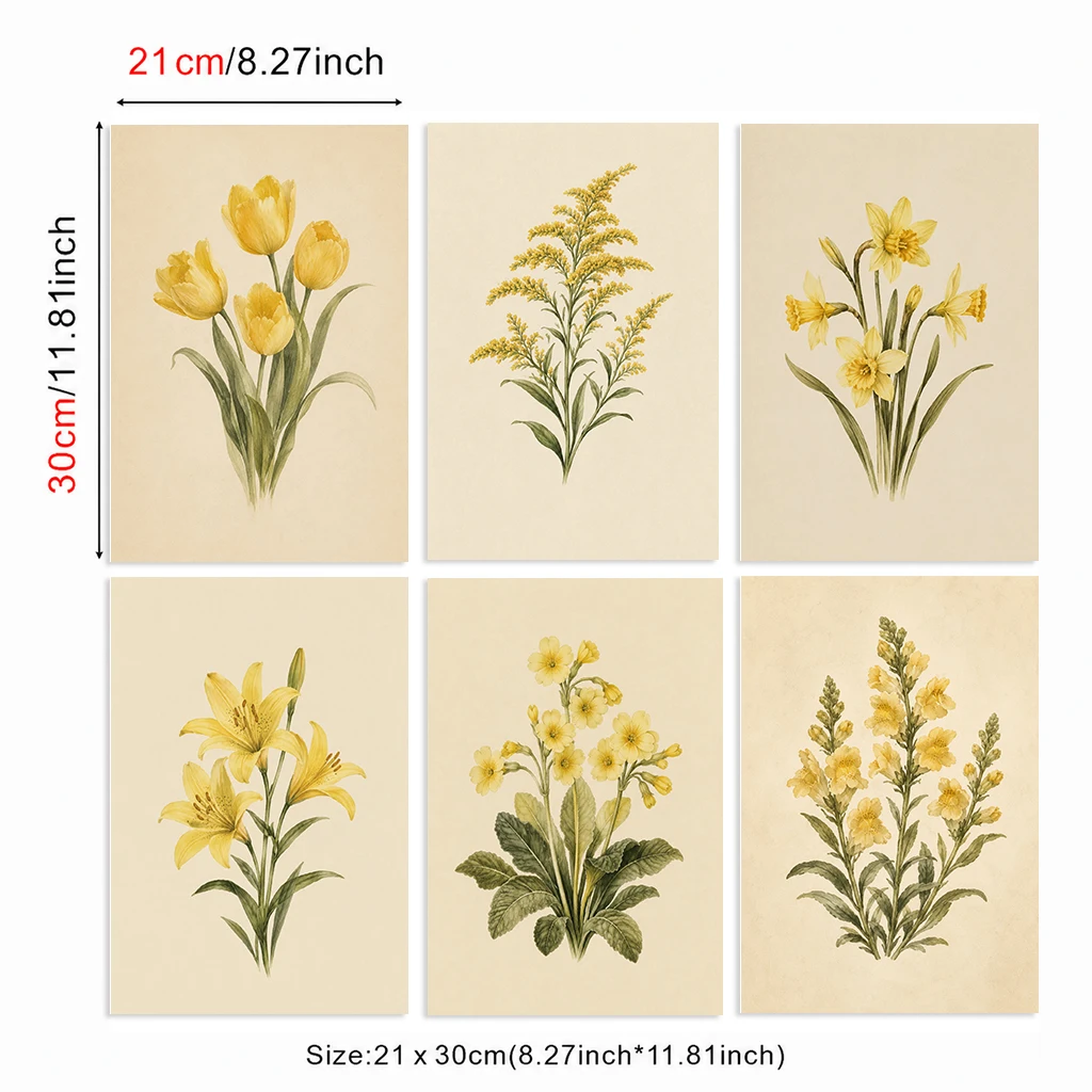 Set of 6 Yellow Botanical Canvas Poster Tulip Goldenrod Daffodil Lily Primrose Wildflower Vintage Garden Room Wall Art Decor
