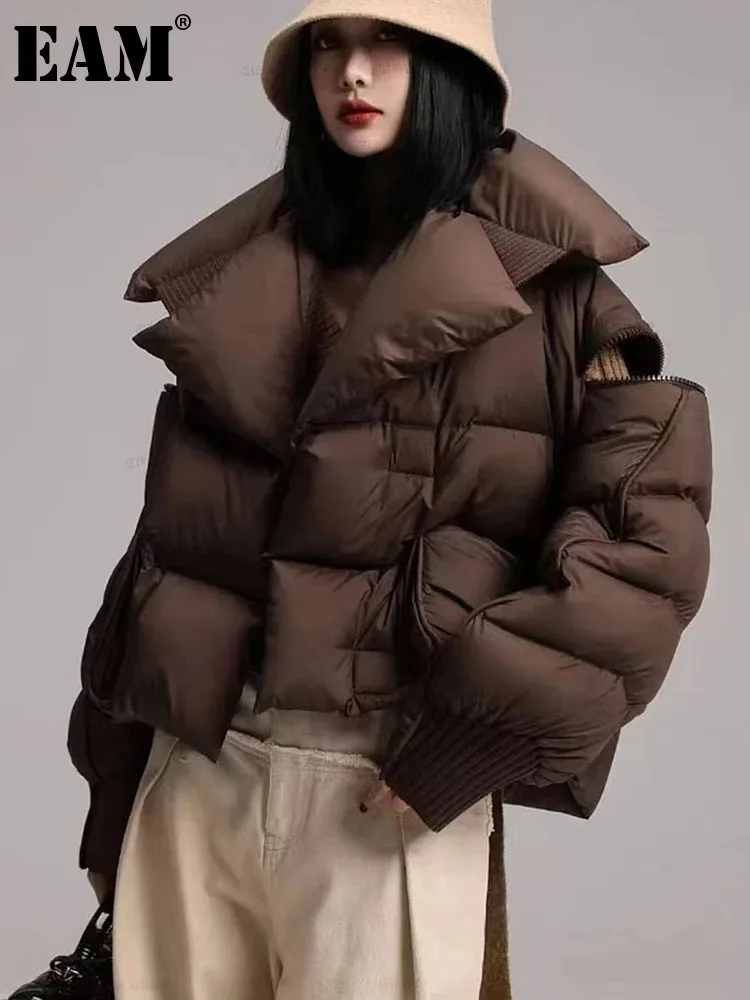 [EAM] Brown Knitting Big Size Keep Warm Down Jacket New Long Sleeve Warm Women Parkas Fashion Tide Autumn Winter 2024 CP3465