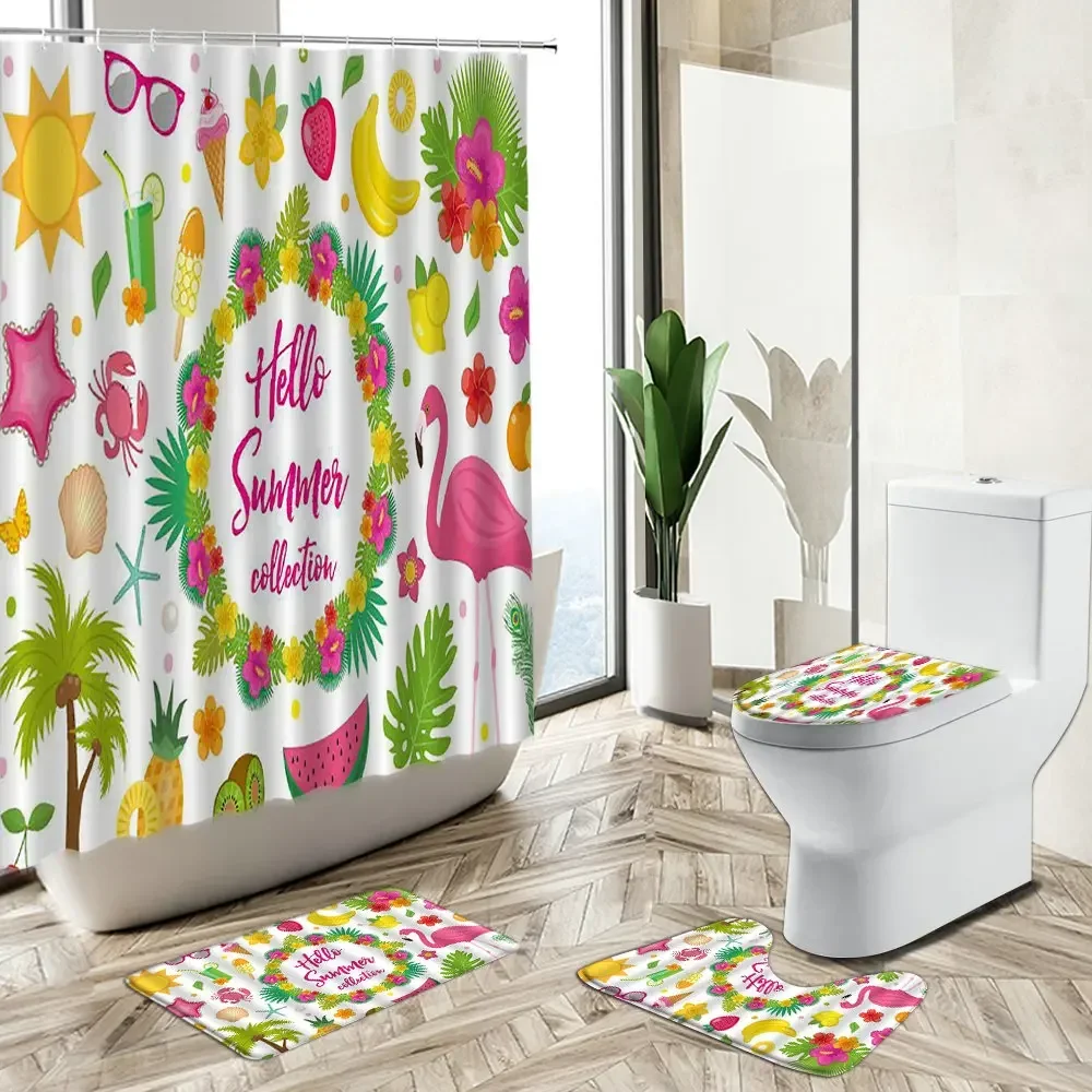 Flamingo Tropical Green Plants Shower Curtain Set Summer Fruit Pineapple Watermelon Lemon Bath Mat Toilet Cover Bathroom Carpet